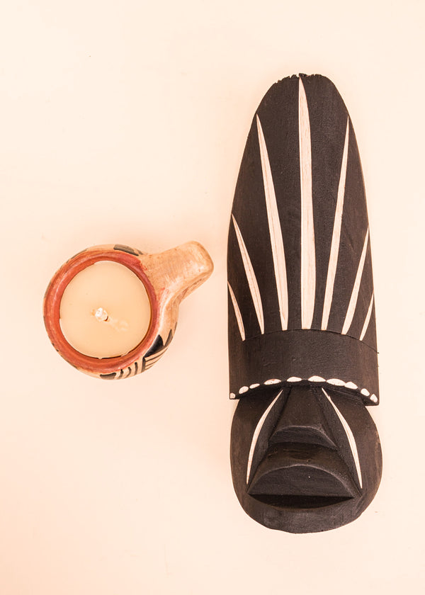 Kit máscara indígena Ticuna + Vela na cerâmica Waurá | Tucum Brasil