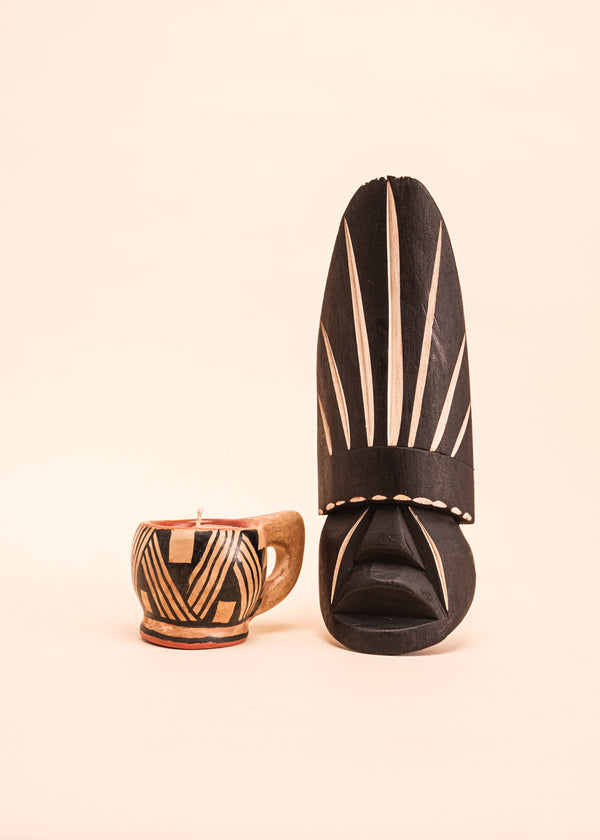 Kit máscara indígena Ticuna + Vela na cerâmica Waurá | Tucum Brasil