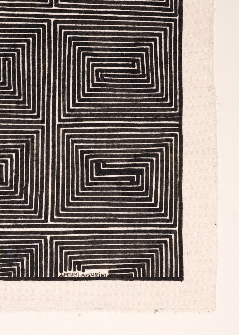 Tela pintura preto e branco feito pelo povo Asurini, artesanato indígena brasileiro 